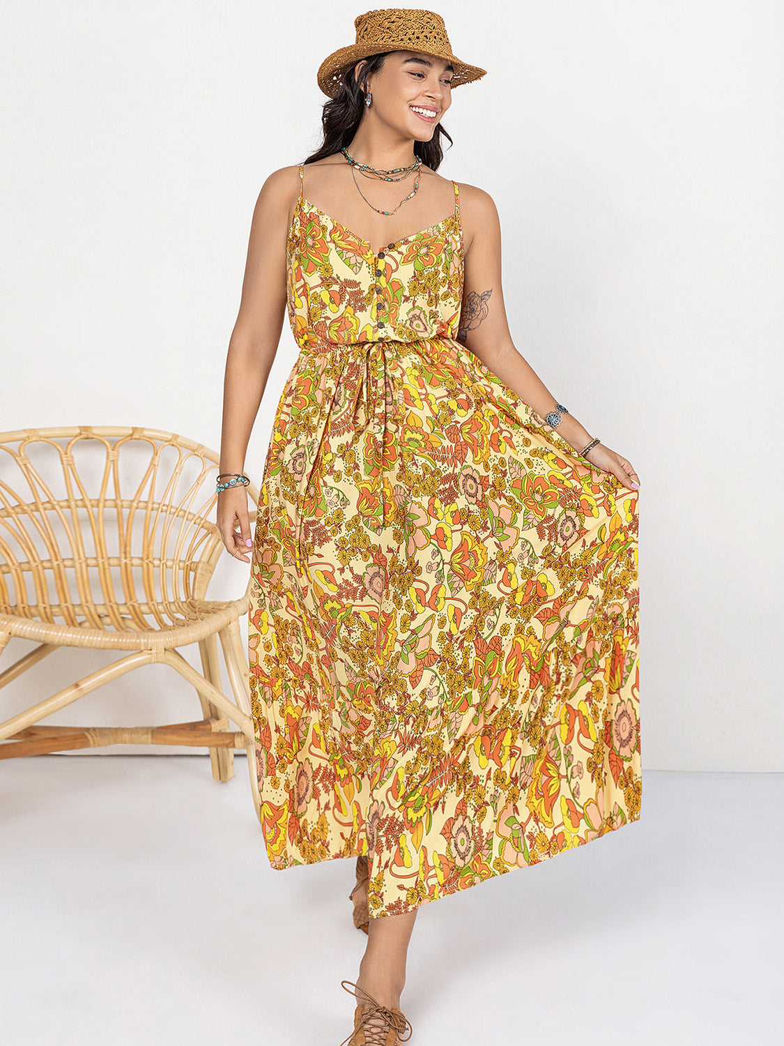 Plus Size Printed V-Neck Maxi Cami Dress Gold Dresses by Trendsi | Fleurcouture