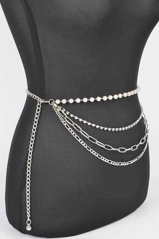 Plus Size Rhinestone Pearl Layered Chain Belt Silver O/S by Artini Accessories | Fleurcouture