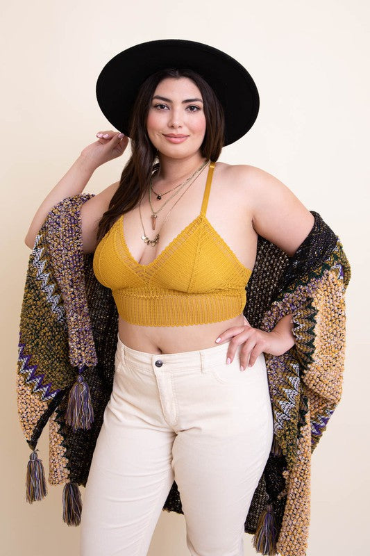 Plus Size Ribbed Lace Boho Racerback Bralette Ochre 1XL by Leto Accessories | Fleurcouture