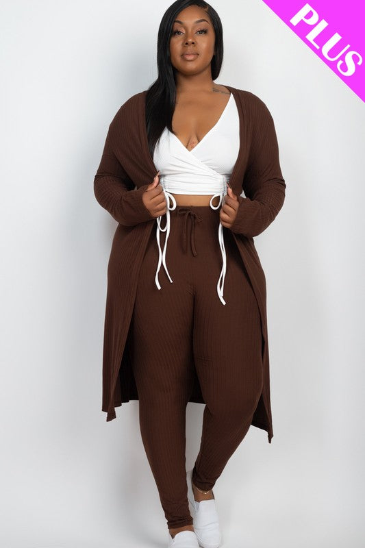 Plus Size Ribbed Long Cardigan &amp; Leggings Set Coffee 1XL by Capella | Fleurcouture