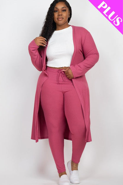 Plus Size Ribbed Long Cardigan &amp; Leggings Set Dark Mauve 1XL by Capella | Fleurcouture