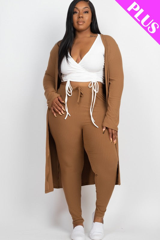 Plus Size Ribbed Long Cardigan &amp; Leggings Set Mocha 1XL by Capella | Fleurcouture