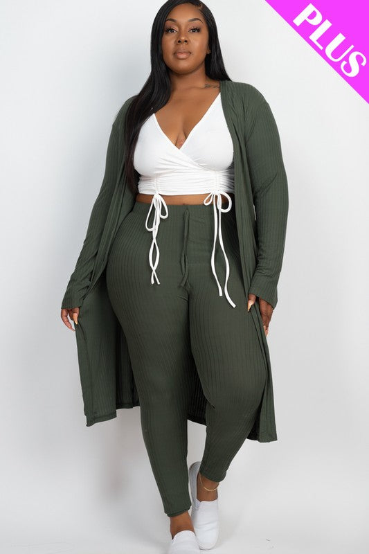 Plus Size Ribbed Long Cardigan &amp; Leggings Set Olive 1XL by Capella | Fleurcouture