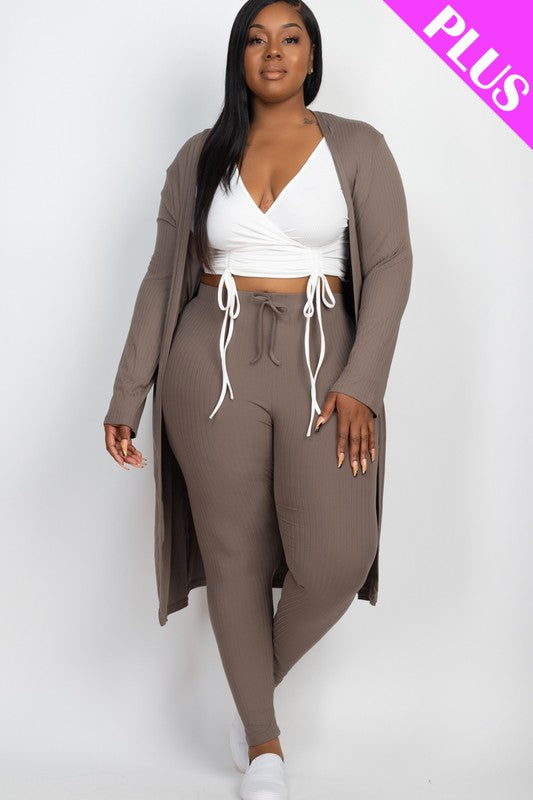 Plus Size Ribbed Long Cardigan &amp; Leggings Set Taupe 1XL by Capella | Fleurcouture