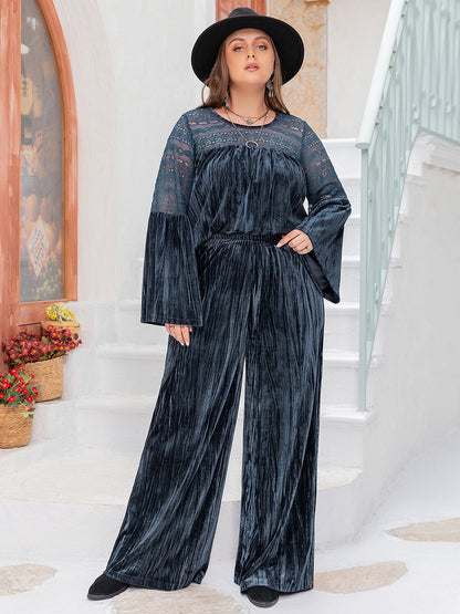 Plus Size Round Neck Flare Sleeve Top and Pants Set Peacock Blue 0XL Women&