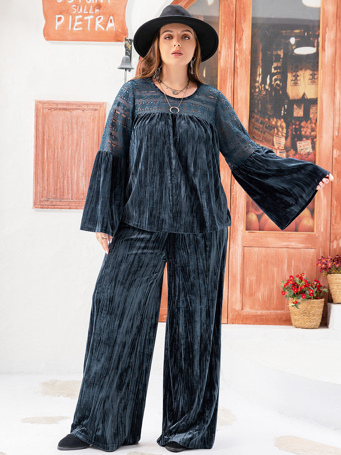 Plus Size Round Neck Flare Sleeve Top and Pants Set Peacock Blue Women&