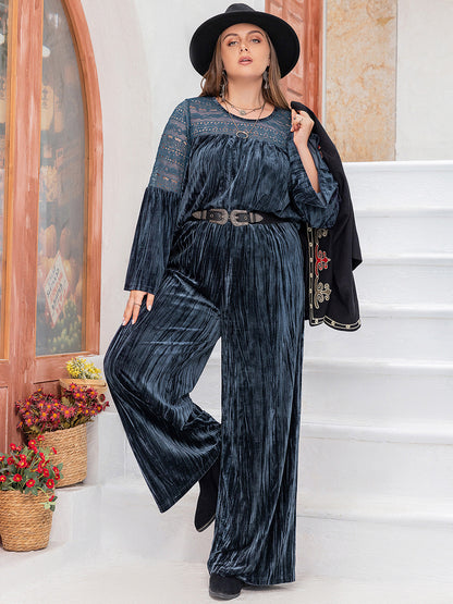 Plus Size Round Neck Flare Sleeve Top and Pants Set Peacock Blue Women&