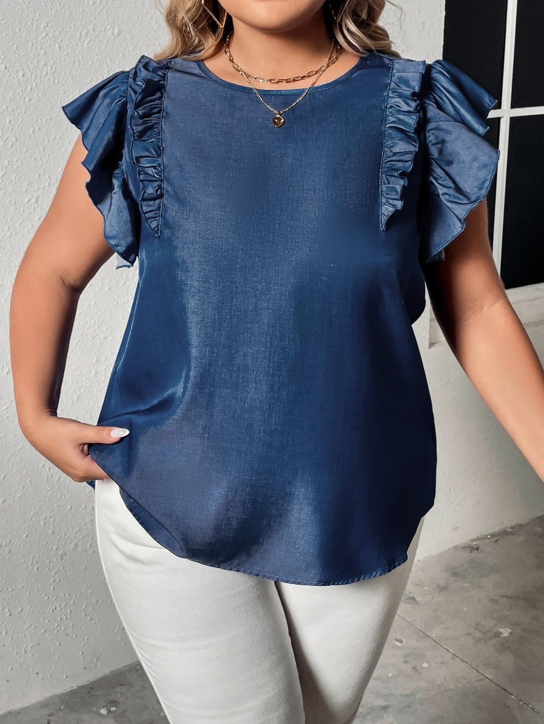 Plus Size Round Neck Flounce Sleeve Frill Trim Blouse Navy 1XL by Trendsi | Fleurcouture