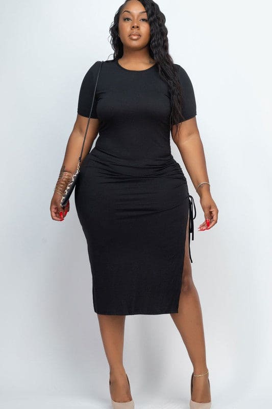 Plus size Ruched Short Sleeve Midi Dress Black 1XL by Capella | Fleurcouture