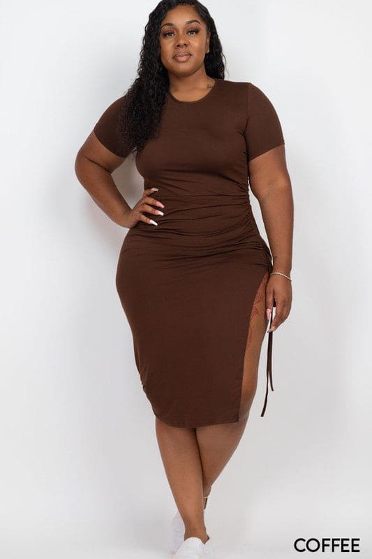 Plus size Ruched Short Sleeve Midi Dress Coffee 1XL by Capella | Fleurcouture