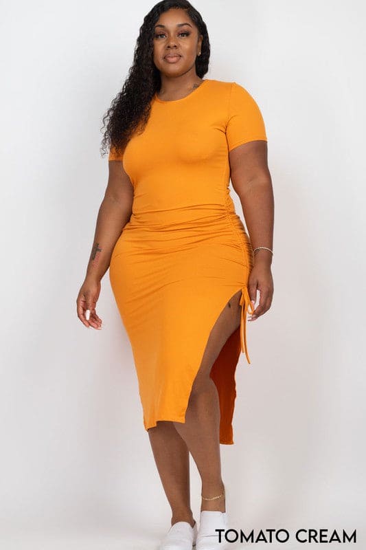 Plus size Ruched Short Sleeve Midi Dress TOMATO CREAM 1XL by Capella | Fleurcouture