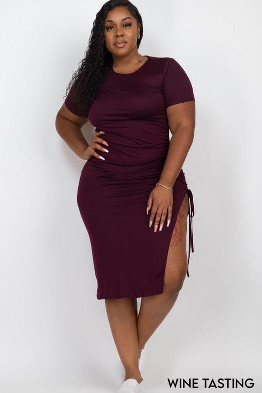 Plus size Ruched Short Sleeve Midi Dress WINE TASTING 1XL by Capella | Fleurcouture