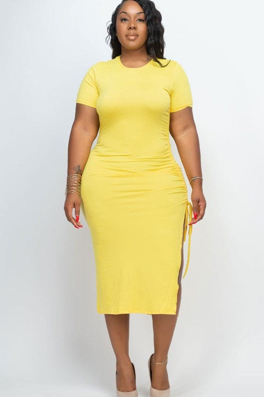 Plus size Ruched Short Sleeve Midi Dress Yellow 1XL by Capella | Fleurcouture