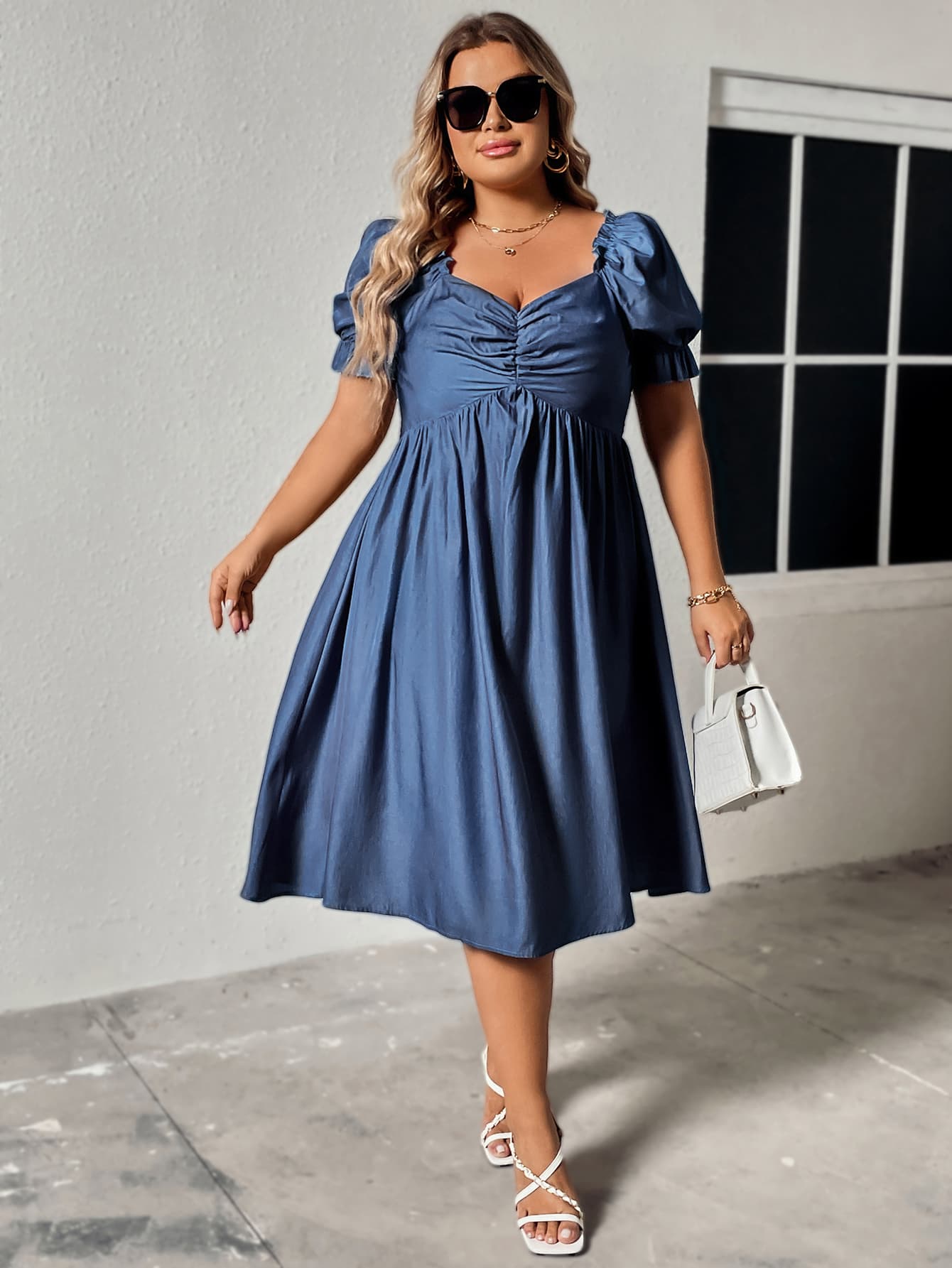 Plus Size Ruched Sweetheart Neck Dress Cobalt Blue 1XL by Trendsi | Fleurcouture