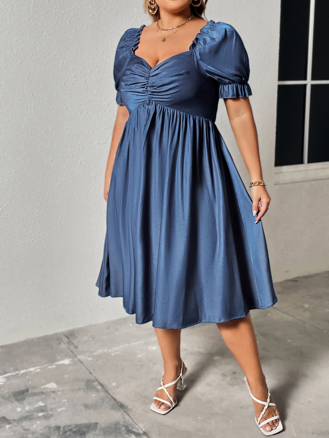 Plus Size Ruched Sweetheart Neck Dress Cobalt Blue by Trendsi | Fleurcouture