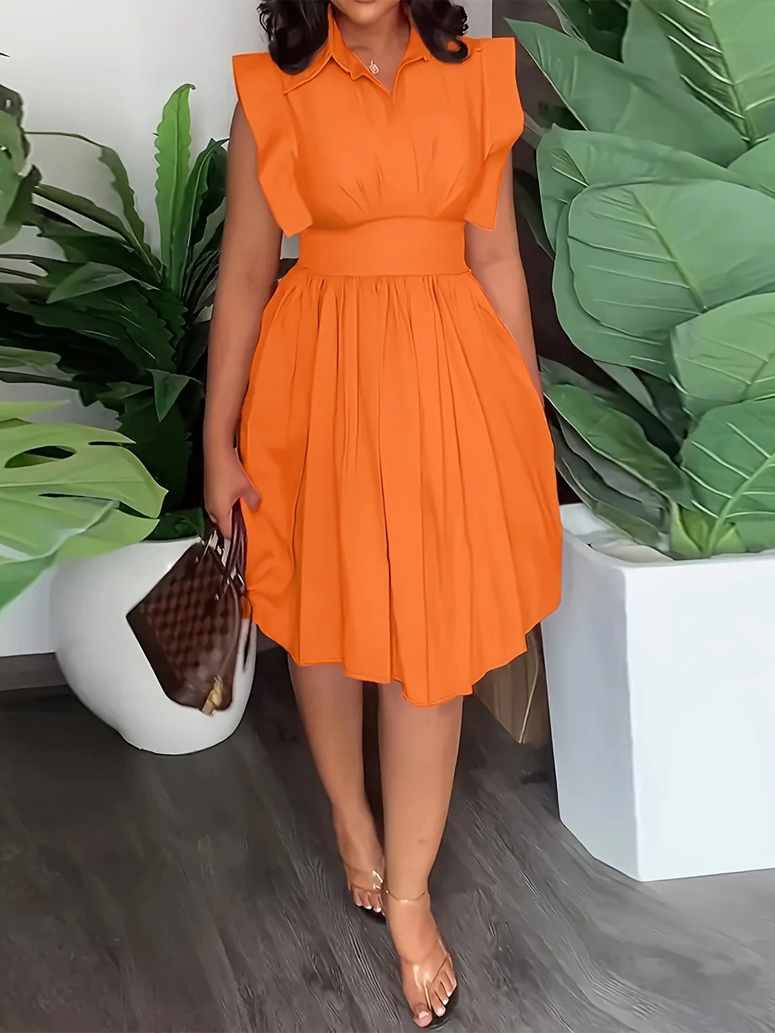 Plus Size Ruffled Collared Neck Cap Sleeve Dress Orange 1XL Women&