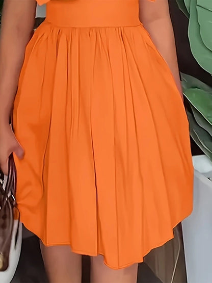 Plus Size Ruffled Collared Neck Cap Sleeve Dress Orange Women&