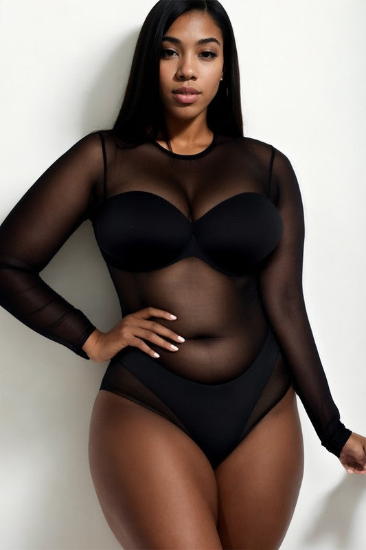 Plus Size Sexy Sheer Mesh Long Sleeve Bodysuit Black by Capella | Fleurcouture