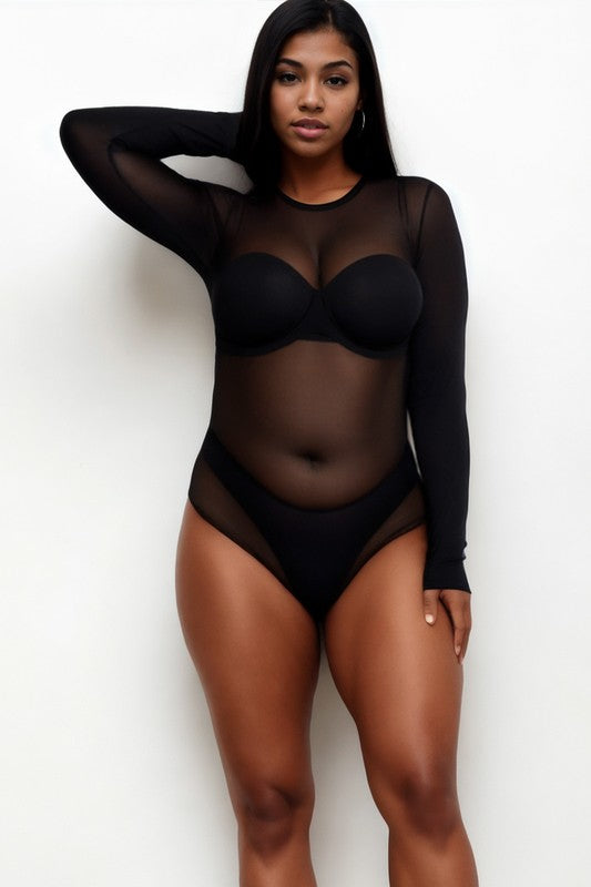 Plus Size Sexy Sheer Mesh Long Sleeve Bodysuit Black by Capella | Fleurcouture