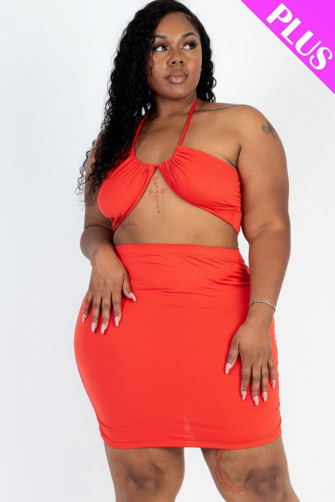 Plus Size Sexy Solid Crisscross Halter Top &amp; Ruched Mini Skirt Set by Fleurcouture | Fleurcouture