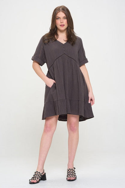 PLUS SIZE SHORT SLV BUTTON DOWN V-NECK SHORT DRESS CHARCOAL 1X by Jade By Jane | Fleurcouture