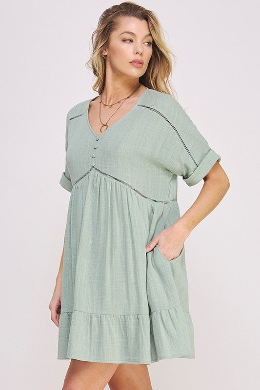 PLUS SIZE SHORT SLV BUTTON DOWN V-NECK SHORT DRESS by Jade By Jane | Fleurcouture