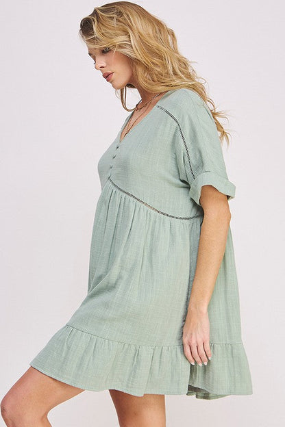 PLUS SIZE SHORT SLV BUTTON DOWN V-NECK SHORT DRESS by Jade By Jane | Fleurcouture