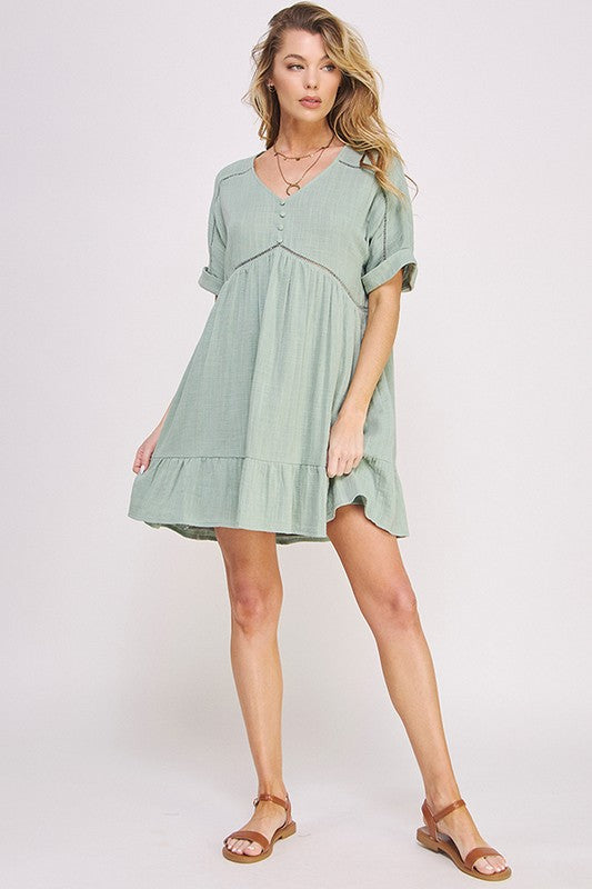 PLUS SIZE SHORT SLV BUTTON DOWN V-NECK SHORT DRESS by Jade By Jane | Fleurcouture