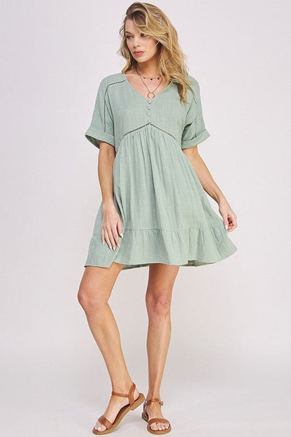 PLUS SIZE SHORT SLV BUTTON DOWN V-NECK SHORT DRESS by Jade By Jane | Fleurcouture