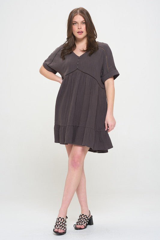 PLUS SIZE SHORT SLV BUTTON DOWN V-NECK SHORT DRESS by Jade By Jane | Fleurcouture