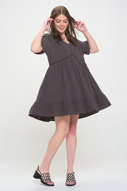 PLUS SIZE SHORT SLV BUTTON DOWN V-NECK SHORT DRESS by Jade By Jane | Fleurcouture