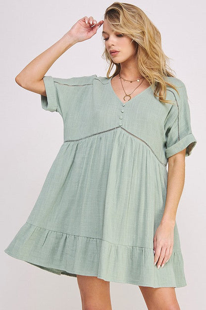 PLUS SIZE SHORT SLV BUTTON DOWN V-NECK SHORT DRESS SAGE 1X by Jade By Jane | Fleurcouture