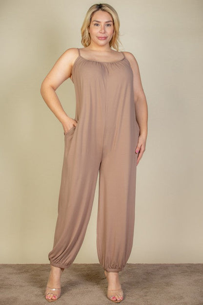 PLUS SIZE SLEEVELESS JOGGER JUMPSUIT TAUPE GRAY 1XL by Capella | Fleurcouture