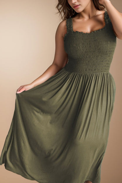 Plus Size Smocked Square Neck Maxi Dress Army Green Dresses by Trendsi | Fleurcouture