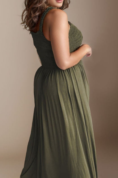 Plus Size Smocked Square Neck Maxi Dress Army Green Dresses by Trendsi | Fleurcouture