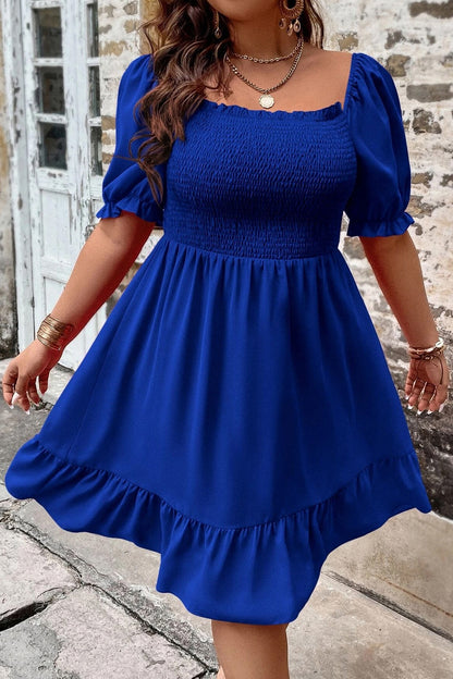 Plus Size Smocked Square Neck Short Sleeve Dress Royal Blue Dresses by Trendsi | Fleurcouture