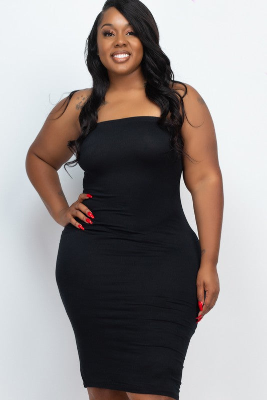 Plus Size Solid Strapless Tube Bodycon Midi Dress Black 1XL by Capella | Fleurcouture