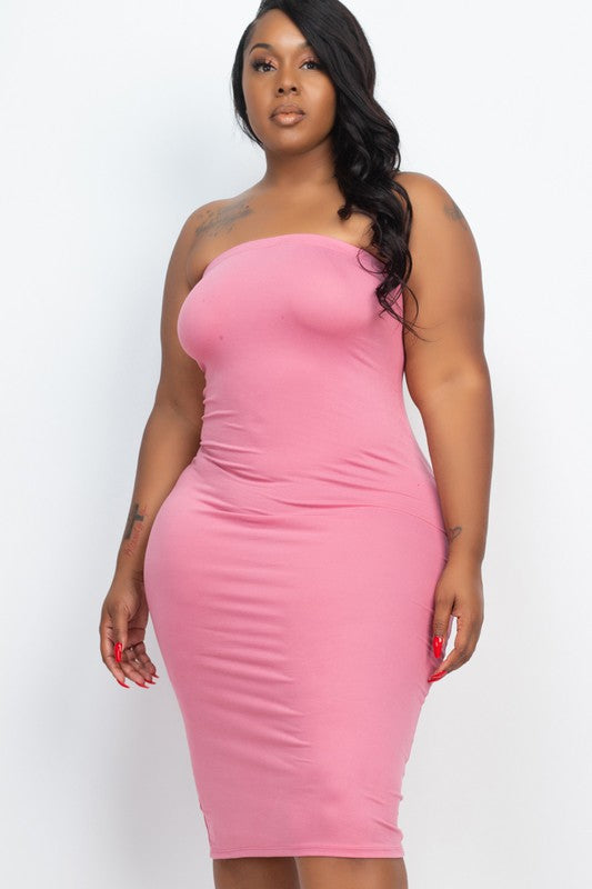 Plus Size Solid Strapless Tube Bodycon Midi Dress by Capella | Fleurcouture