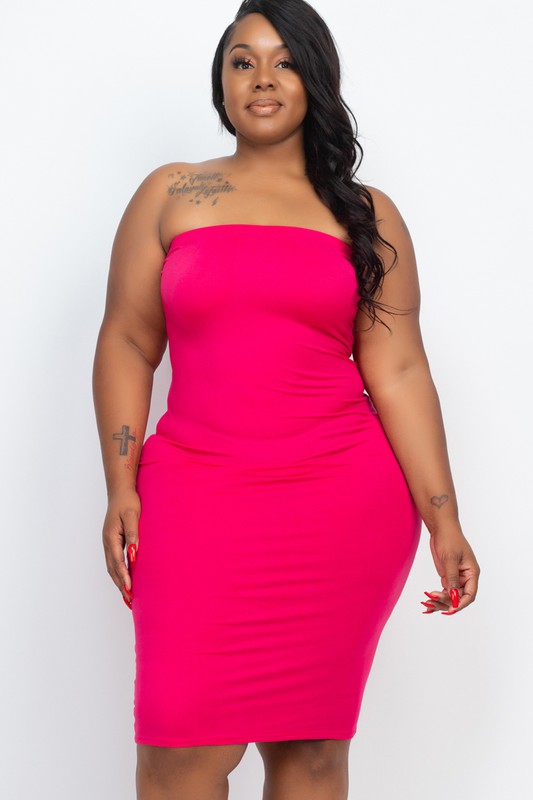 Plus Size Solid Strapless Tube Bodycon Midi Dress Fuchsia 1XL by Capella | Fleurcouture