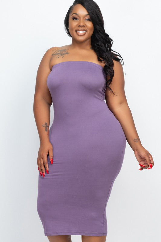 Plus Size Solid Strapless Tube Bodycon Midi Dress Grape 1XL by Capella | Fleurcouture