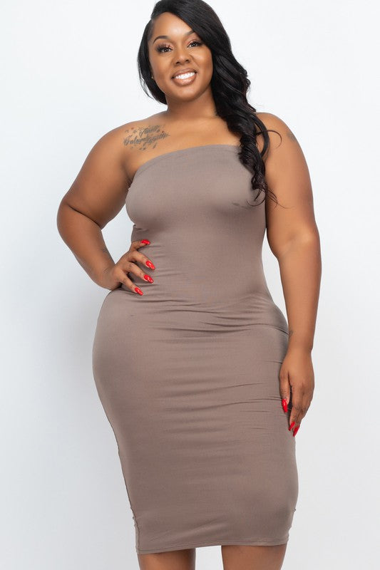 Plus Size Solid Strapless Tube Bodycon Midi Dress Taupe 1XL by Capella | Fleurcouture