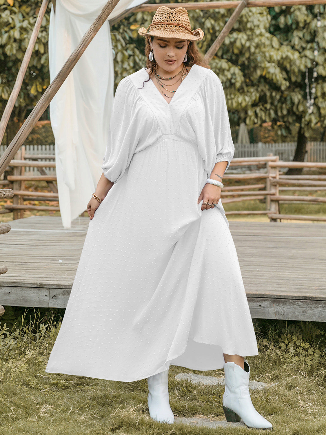 Plus Size Swiss Dot V-Neck Three-Quarter Sleeve Dress White Women&