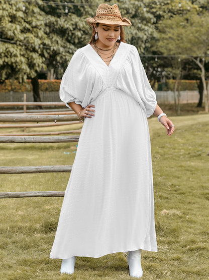 Plus Size Swiss Dot V-Neck Three-Quarter Sleeve Dress White Women&