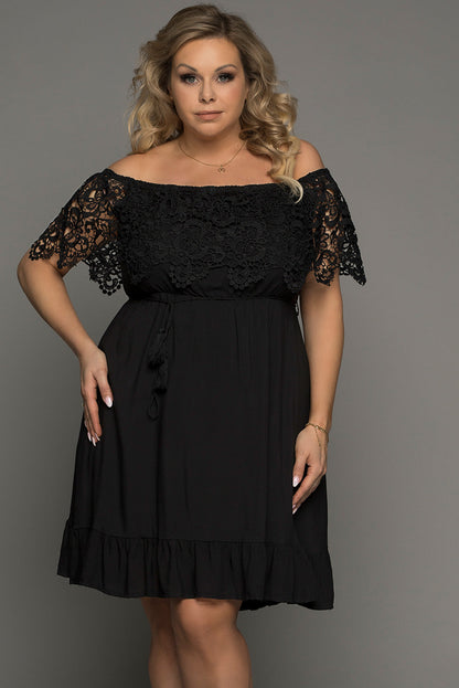 Plus Size Tassel Tie Spliced Lace Off-Shoulder Dress Black Women&