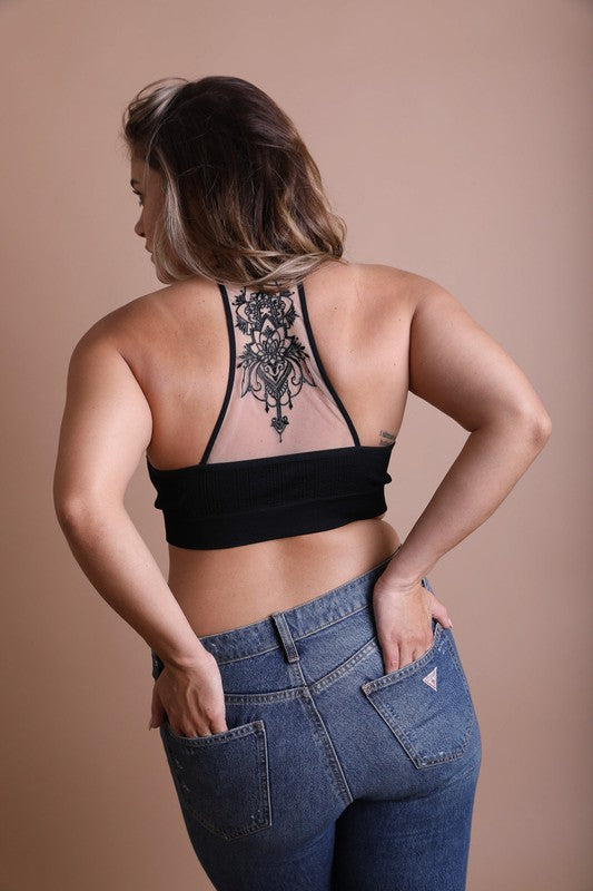 Plus Size Tattoo Mesh Racerback Bralette Black 1X/2X by Leto Accessories | Fleurcouture