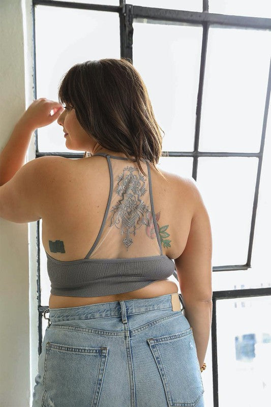 Plus Size Tattoo Mesh Racerback Bralette Gray 1X/2X by Leto Accessories | Fleurcouture