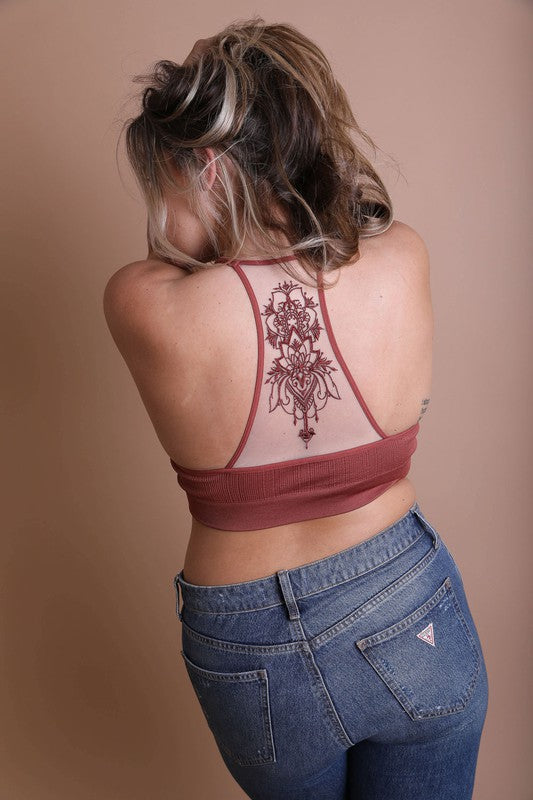 Plus Size Tattoo Mesh Racerback Bralette Rust 1X/2X by Leto Accessories | Fleurcouture