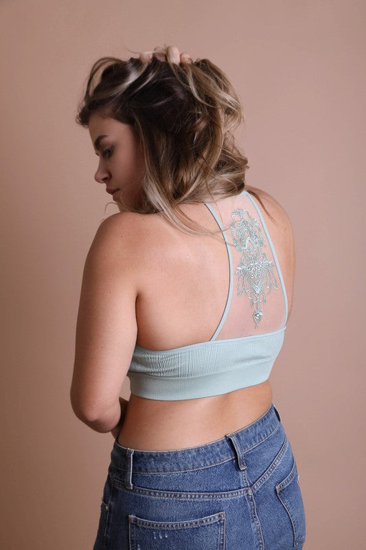 Plus Size Tattoo Mesh Racerback Bralette Sage 1X/2X by Leto Accessories | Fleurcouture