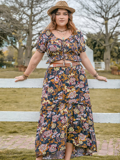 Plus Size Tie Neck Short Sleeve Top and Skirt Set Multicolor 0XL Women&
