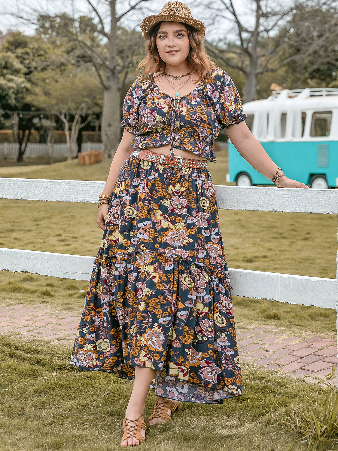 Plus Size Tie Neck Short Sleeve Top and Skirt Set Multicolor Women&